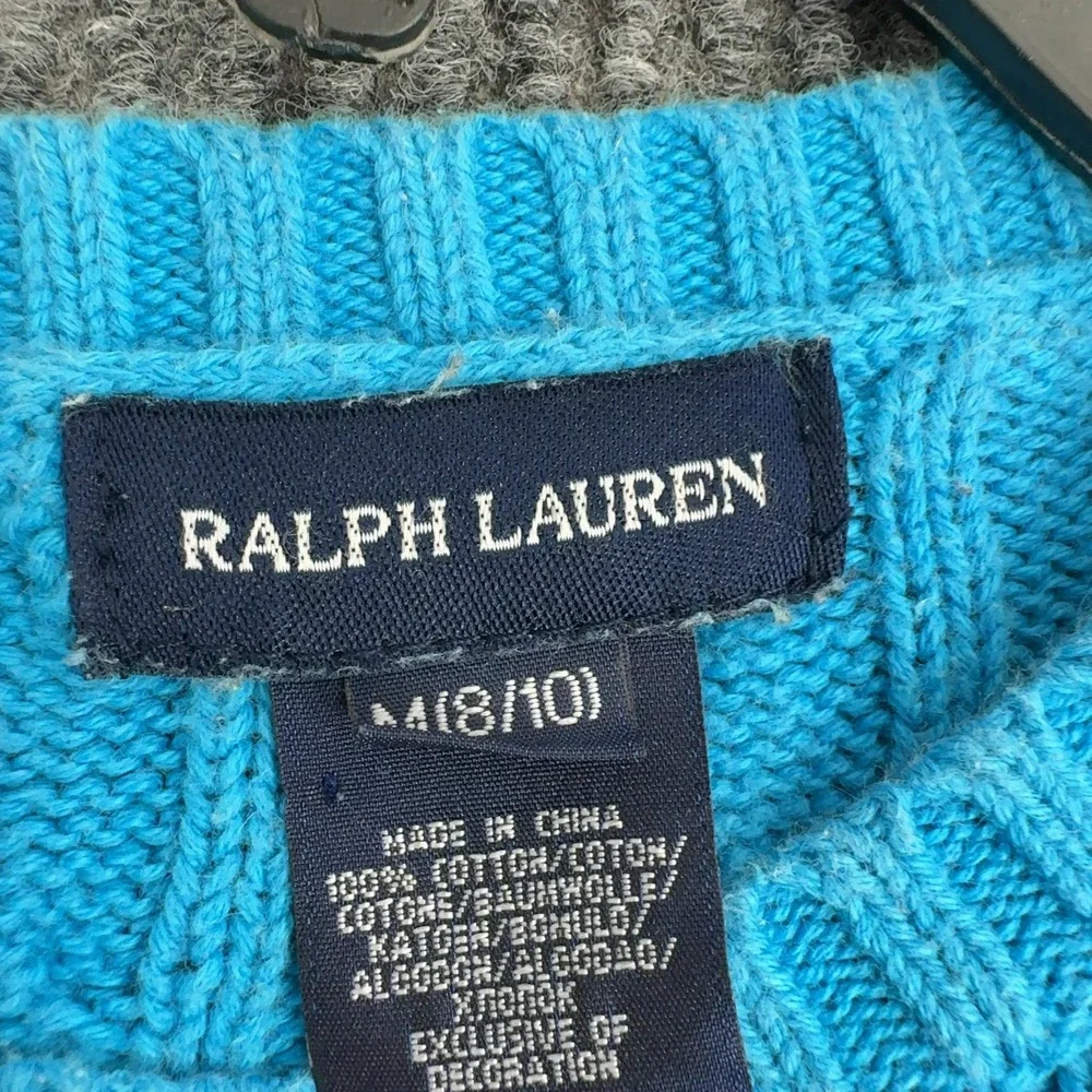 Ralph Lauren Sweater Girls M Blue 100% Cotton Cable Knit Crewneck Preppy Classic